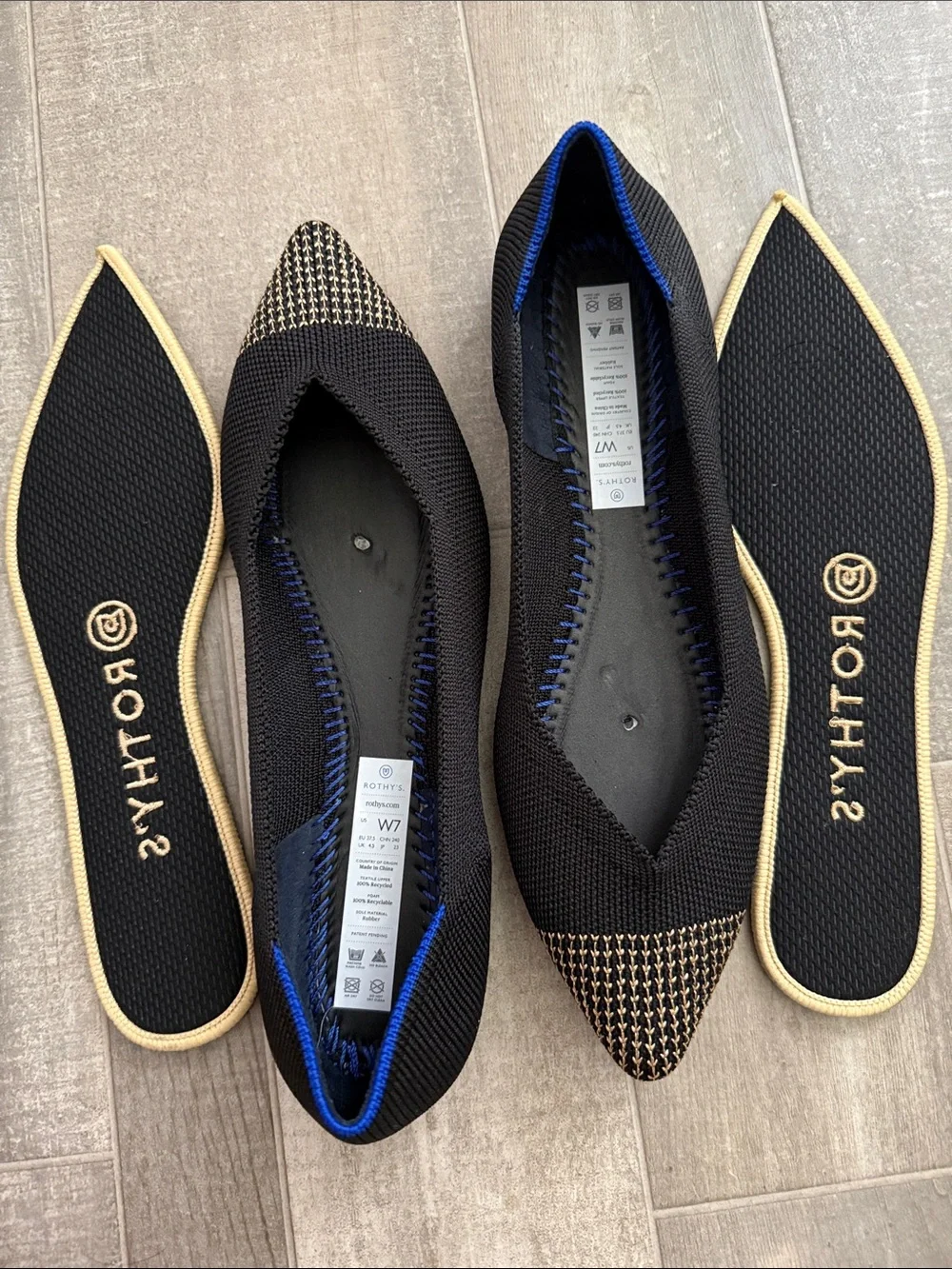 Rothy's Black Knit Pointed-Toe Flats with Houndstooth Toe Accent - Picture 5 of 7